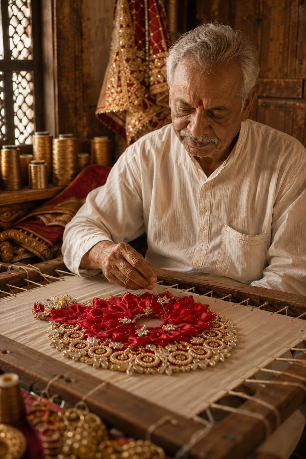 Senior Jaipur zardozi master artisan at his karchob embroidery frame, hands bearing decades of sacred craft
