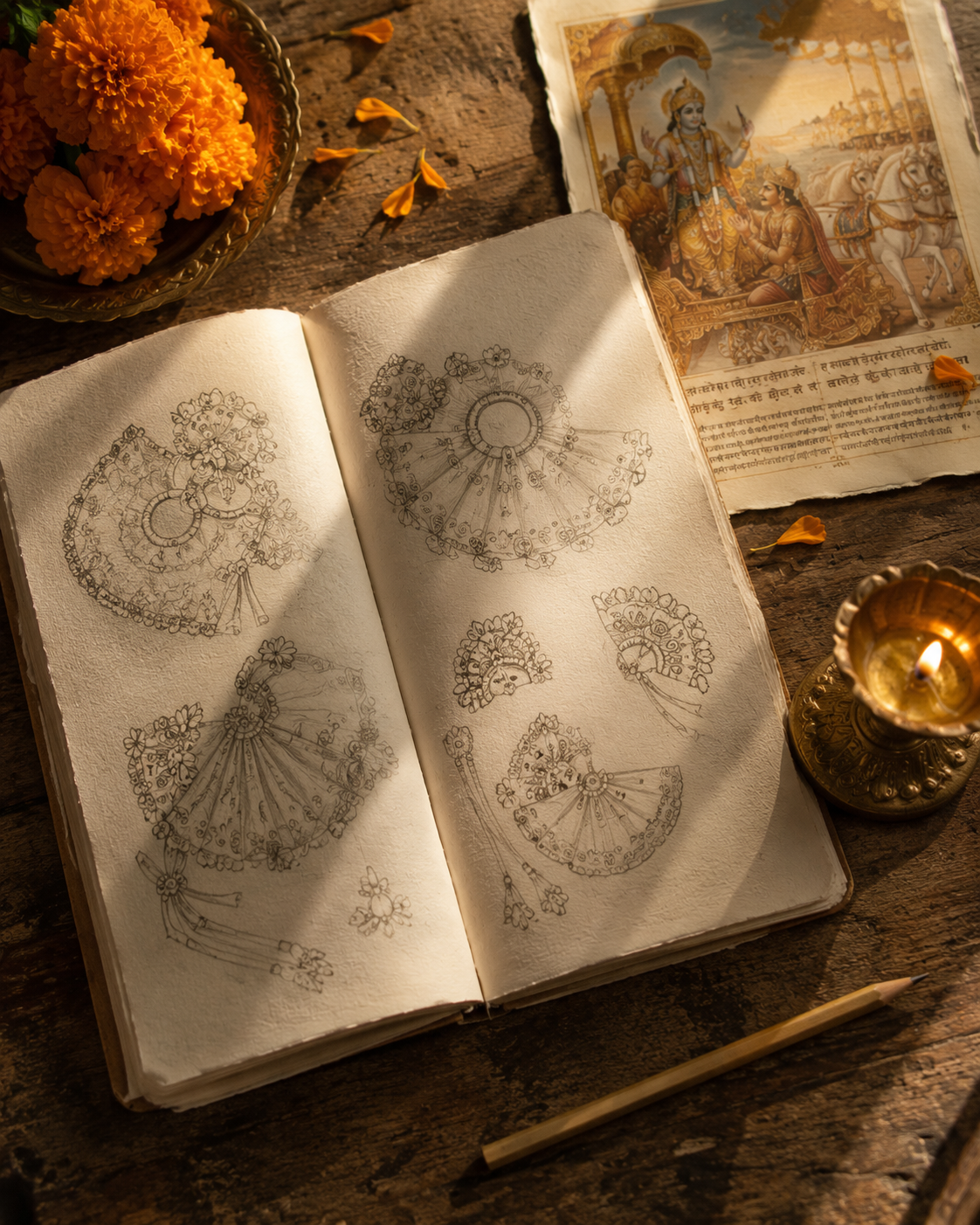 Artisan's desk with handmade notebook sketches of Poshak designs beside a printed Sanskrit Gita verse and a brass lamp