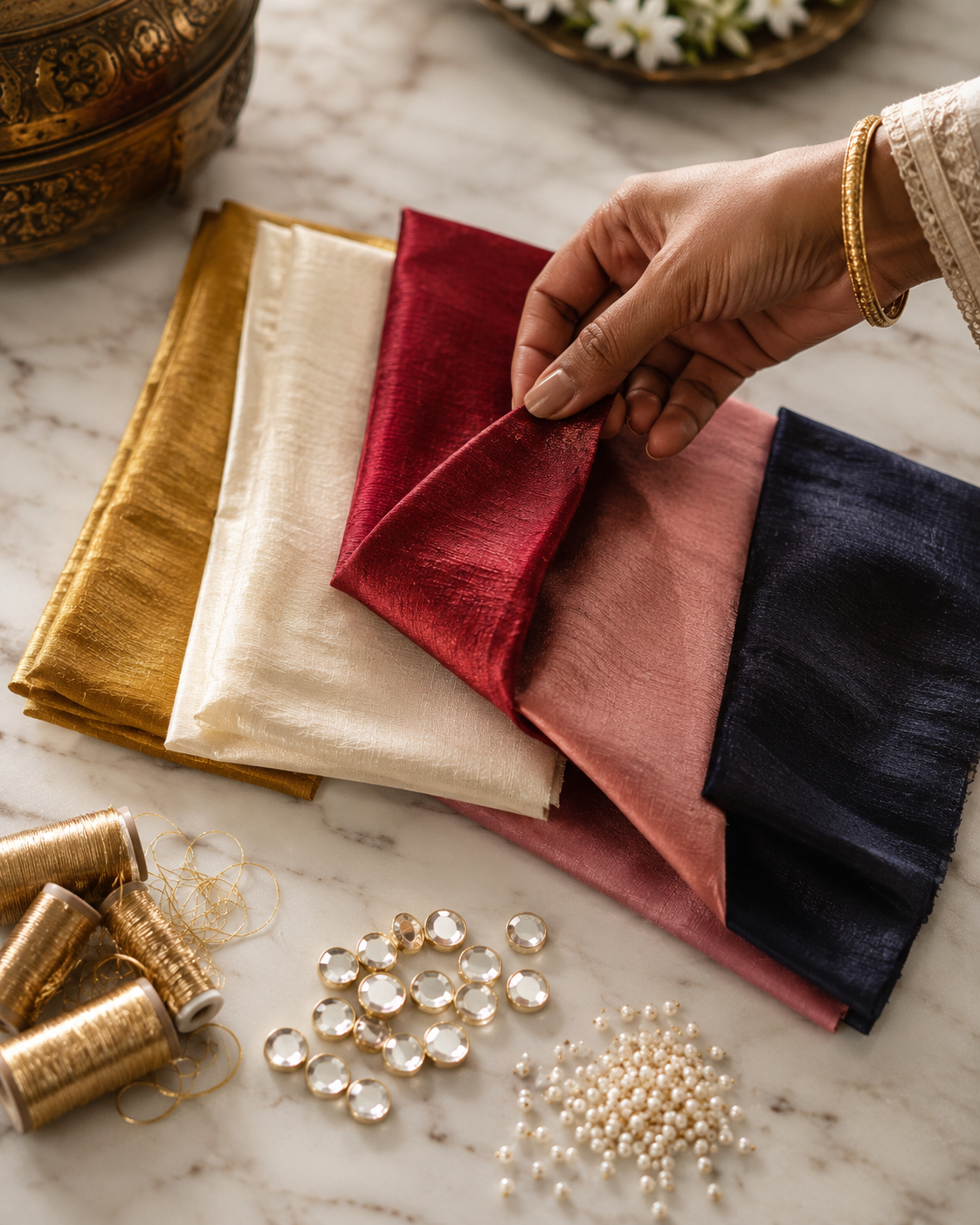 An array of premium Banarasi silk swatches in gold, ivory, and jewel tones laid beside bundles of zari thread and kundan stones