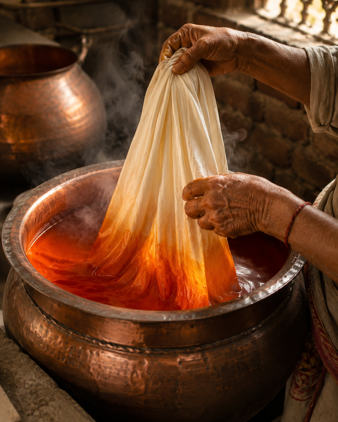 Artisan hands dipping pale silk fabric into a copper vessel of deep saffron natural dye, steam rising softly