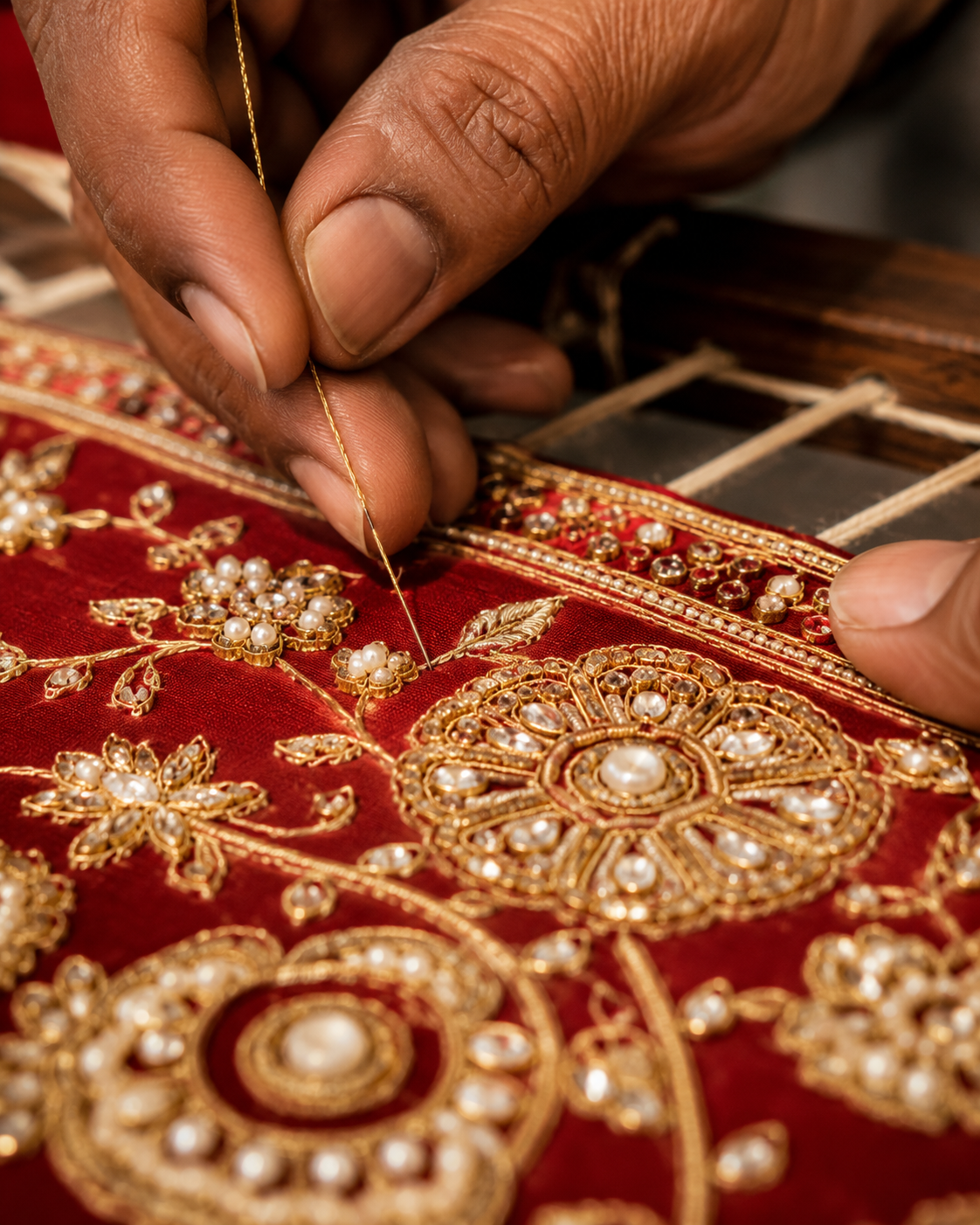 Master zardozi artisan seated at an embroidery frame, hand-stitching intricate gold zari patterns on Poshak fabric
