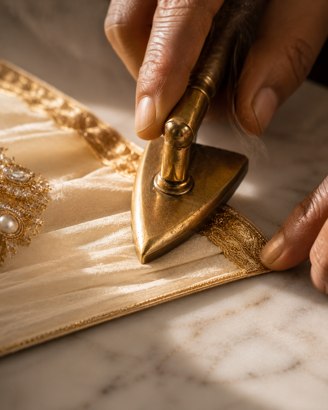 Artisan hands carefully hand-stitching the final hem of an ivory silk Poshak with gold border detailing